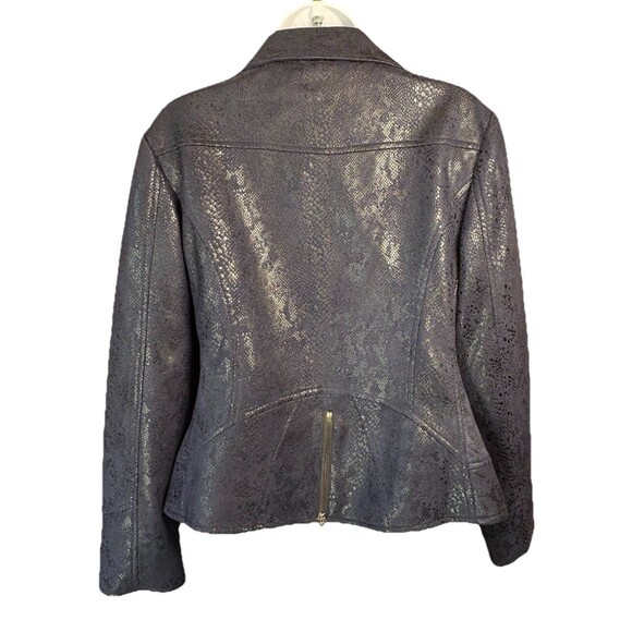 V Cristina Navy Blue Faux Leather Moto Jacket Snakeskin Print Size L Biker - Picture 4 of 9